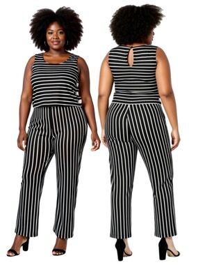 NY Collection Lace Up Black & White Striped Jumpsuit in a Plus Size 3X NWT